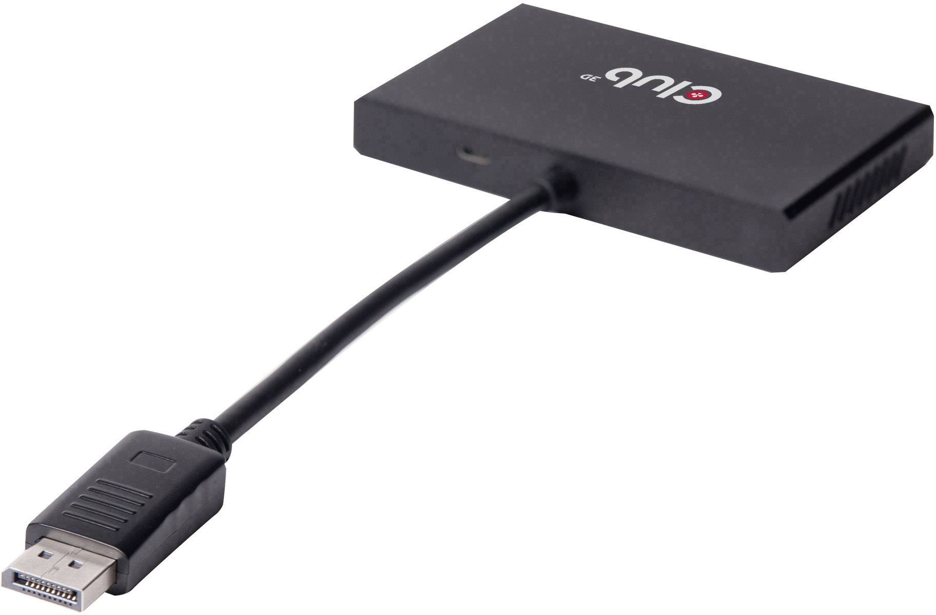 Ein schwarzer Adapter mit einem Kabel, das an einem Ende in einen DisplayPort-Stecker und am anderen Ende in ein rechteckiges Gehäuse mündet.