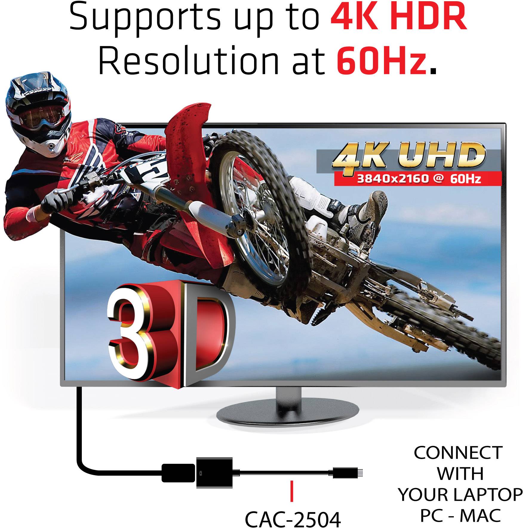 Ein Monitor zeigt ein Motorradfahrer-Bild in 3D. Text: 'Unterstützt bis zu 4K HDR Auflösung bei 60Hz.' Verbindungsanleitung unten.