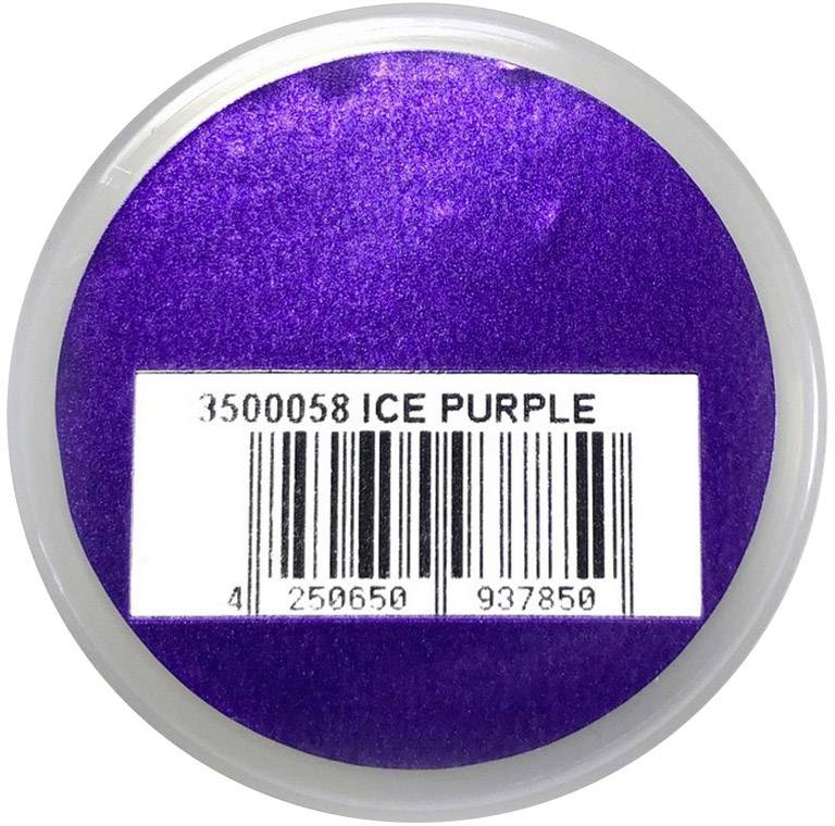 Runde Schachtel mit lila Farbpulver. Auf dem weißen Etikett steht '3500058 ICE PURPLE' mit einem Barcode darunter.