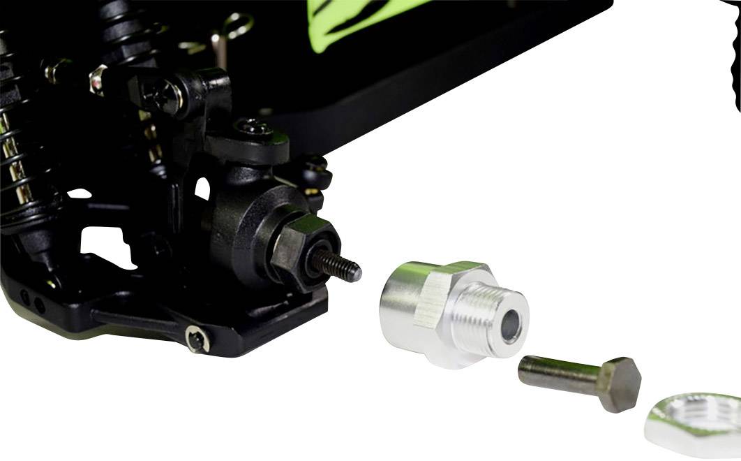 Abgebildet ist ein Teil eines Fahrwerks mit Metalladapter und Schraube, vermutlich für ein Modellfahrzeug.