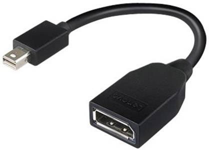 Schwarzer Adapterkabel mit Mini DisplayPort-Stecker auf DisplayPort-Buchse, geeignet für Verbindungen zwischen Geräten mit unterschiedlichen Anschlüssen.