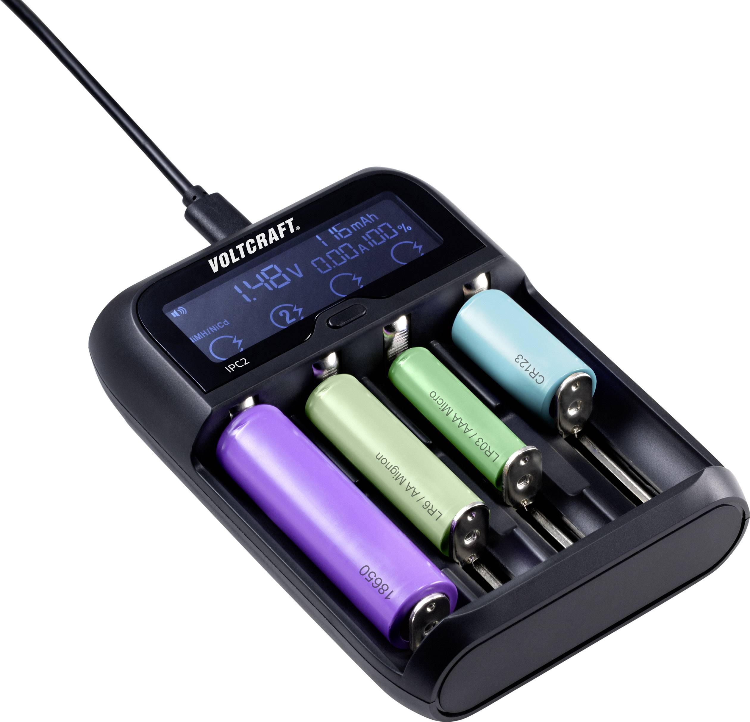 VOLTCRAFT IPC-2 Rundzellen-Ladegerät NiMH, NiCd, LiIon, LiFePO Mini (AAAA), Micro (AAA), Mignon (AA), Baby (C), Sub-C, A, 10440