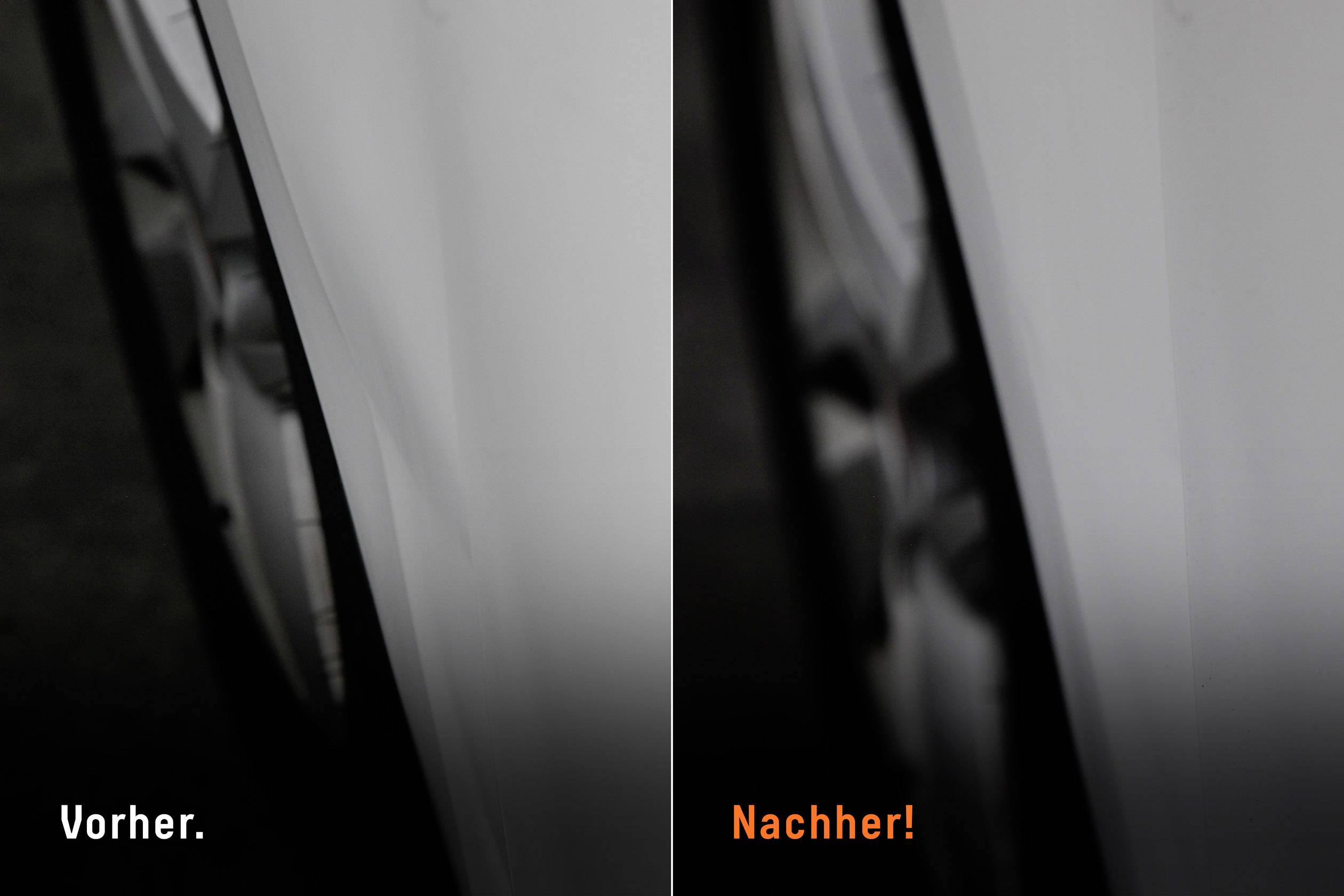 Die Bildhälften zeigen einen Autoreifen: links beschädigt ('Vorher'), rechts repariert ('Nachher!').