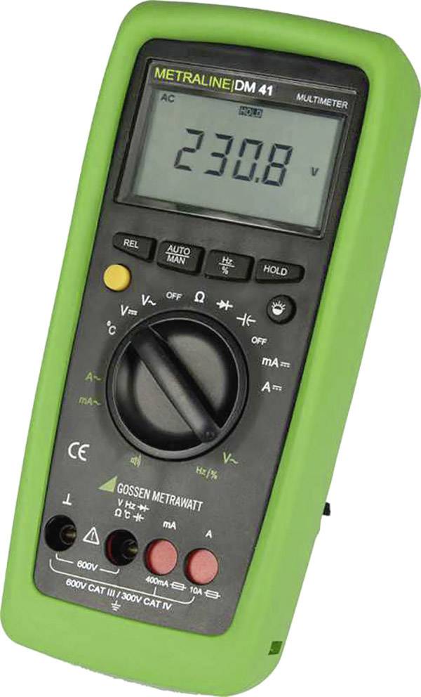 Grünes Multimeter zeigt eine Spannung von 230,8 Volt an. Das Gerät hat verschiedene Messeinstellungen und ist für Elektriker geeignet.