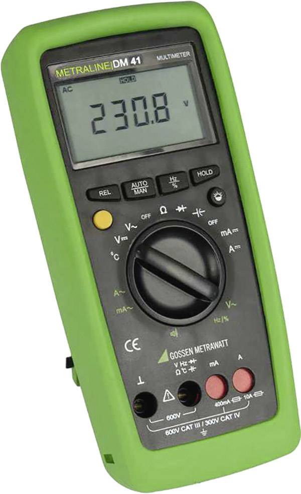 Digitales Multimeter mit grünem Gehäuse zeigt '230,8' auf dem Display, umgeben von verschiedenen Messmodi und Bedienelementen.