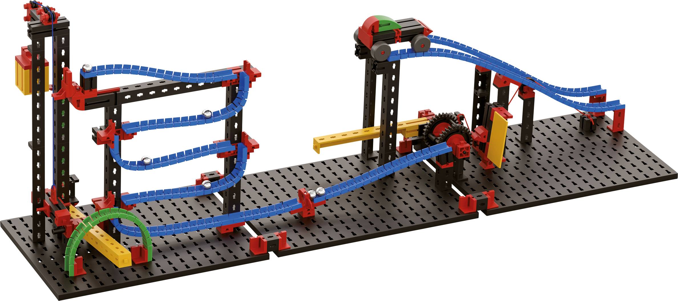 Ein Modell einer Kugelbahn aus Bausteinen, mit blauen Bahnen und einem kleinen Wagen, der von links nach rechts fährt.