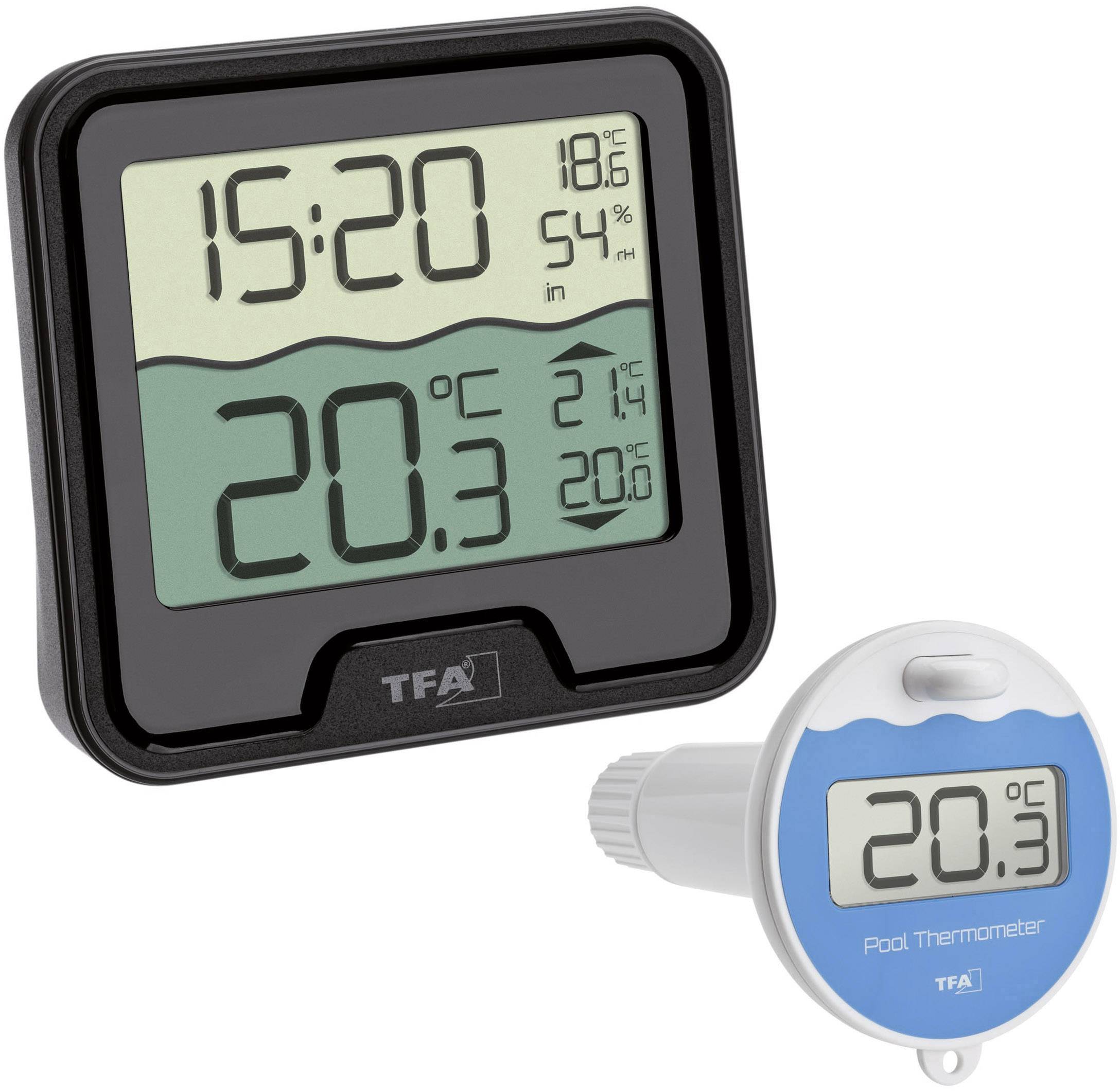 Ein digitales Thermometer zeigt die Uhrzeit '15:20', die Innentemperatur von 18,6°C, Luftfeuchtigkeit 54% und Pooltemperatur 20,3°C an.
