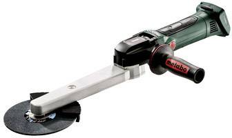 Akku-Winkelschleifer mit ergonomischem Griff, Metabo-Marke, schwarze Scheibe und grünem Gehäuse.