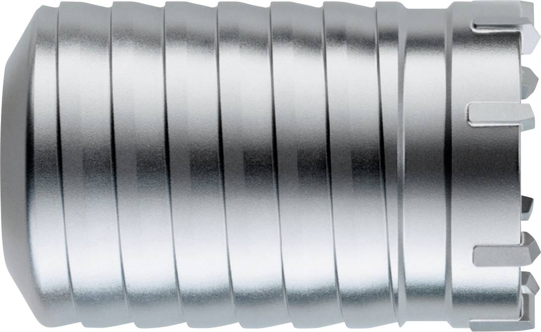 Nahaufnahme eines silbernen metallischen zylindrischen Werkzeugadapters oder Verbinders mit gerillten Nuten und drei vorstehenden Laschen an einem Ende.
