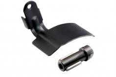 Metallteile: eine gebogene schwarze Halterung und ein zylindrischer Steckstift. Mögliche Komponenten für mechanische Befestigung.