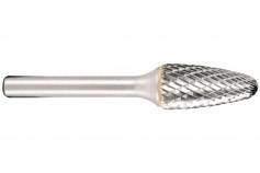 Ein Frässtift mit zylindrischem Schaft und einem konisch geformten, rauen Schneidkopf, geeignet für Metallbearbeitung.