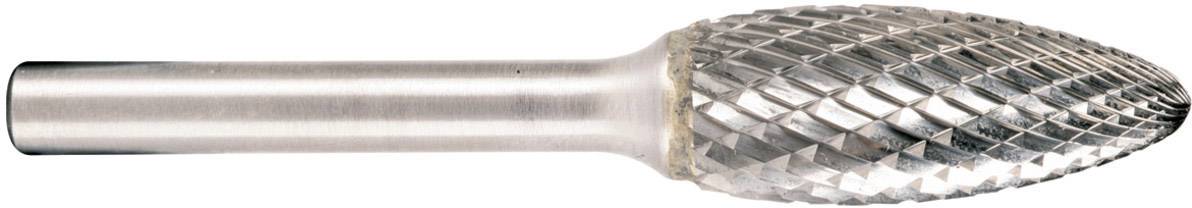 Frässtift aus Metall mit zylindrischem Schaft und eiförmigem, geriffeltem Kopf. Geeignet für präzises Schleifen und Bearbeiten von Werkstoffen.