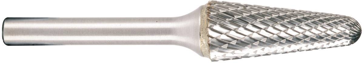 Ein zylindrischer Schaftfräser mit konischem Schneidkopf und rautenförmiger Verzahnung, geeignet für Metall- und Holzverarbeitung.