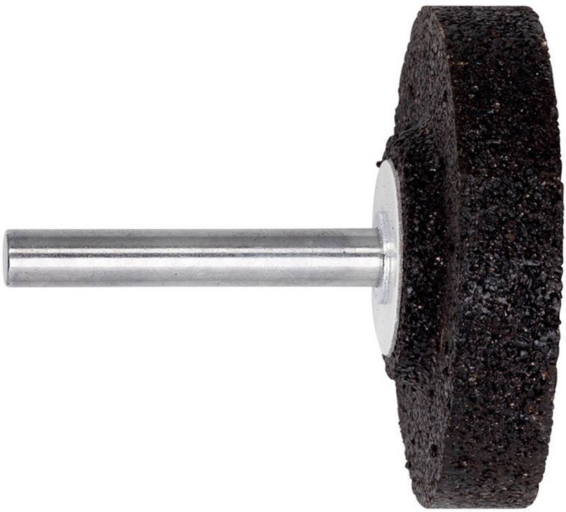 Ein rotierender Schleifstein mit Metallhalterung, zur Bearbeitung oder Schärfung von Werkzeugen und Oberflächen geeignet.