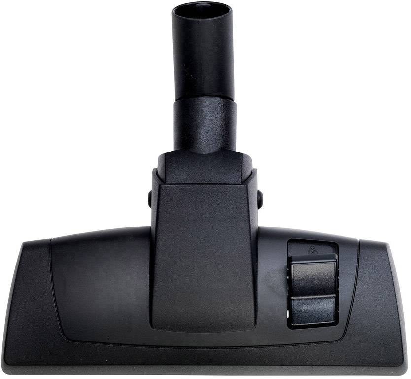 Ein schwarzer Staubsaugeraufsatz auf weißem Hintergrund, mit einer breiten Düse und einem Verstellrad auf der rechten Seite.