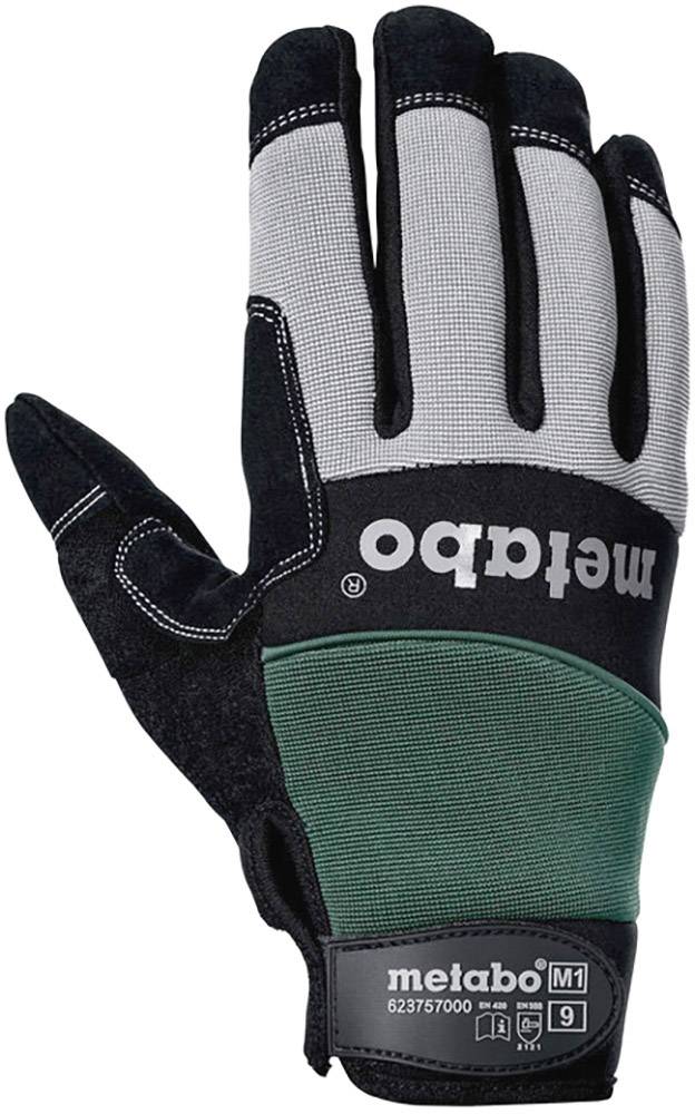 Arbeitshandschuh mit grauen und grünen Bereichen, schwarzer Handfläche und dem Logo 'metabo' auf dem Handrücken.