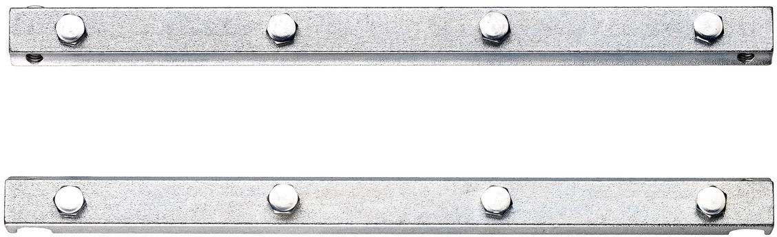 Zwei parallele metallene Streifen mit je sechs weißen, runden Magneten.