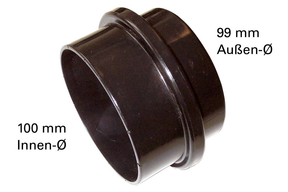 Mit einem Adapter wird der Innendurchmesser von 100 mm mit einem Außendurchmesser von 99 mm gezeigt.