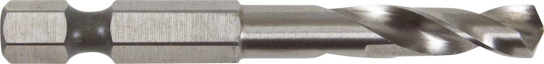 Ein Metallbohrmeißel mit sechskantiger Schaftform, horizontal auf weißem Hintergrund abgebildet.
