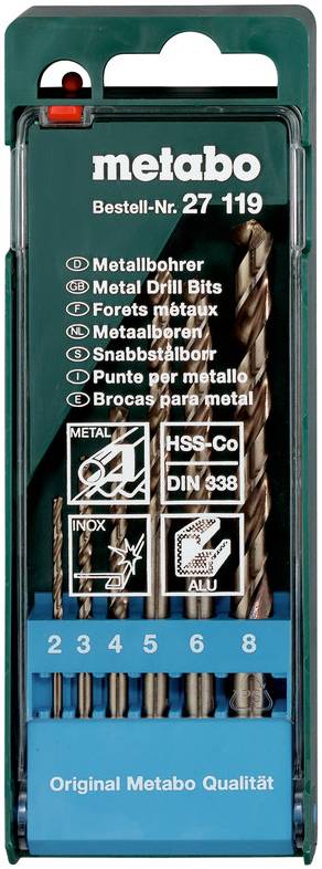 Metabo Metallbohrersatz in kunststoffgehäuse, gekennzeichnet mit 'Bestell-Nr. 27 119', mit 8 HSS-Co-Bohrern für Metall und Größen 2, 3, 4, 5, 6, 8.