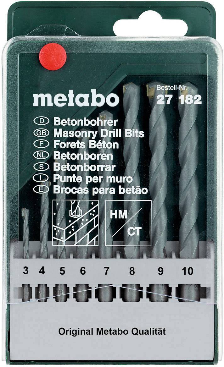 Bohrer-Set von Metabo in grünem Gehäuse mit Größen 4 bis 10 mm. Text in mehreren Sprachen.