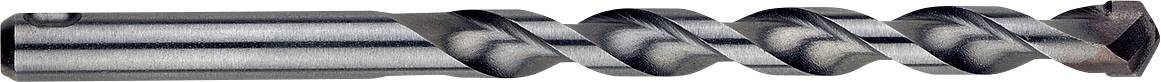 Eine Nahaufnahme eines Metallbohrers mit spiralförmigen Nuten, horizontal auf weißem Hintergrund dargestellt.