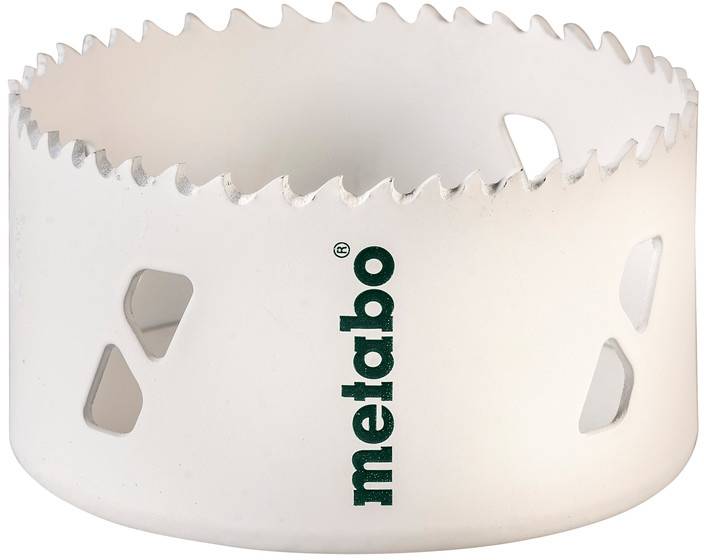 Weiße runde Metallsägeblatt mit gezähnter oberer Kante und vertikal aufgedrucktem 