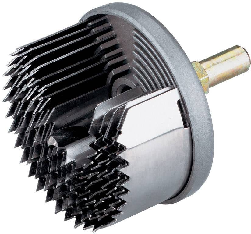 Metall-Lochsäge-Set mit mehreren Sägeblättern in gestaffelter Anordnung, verwendet zum präzisen Bohren großer Löcher.