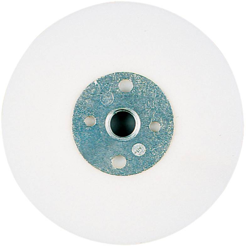 Weiße kreisförmige Scheibe mit blauer Metallmittelplatte und zentralem Loch, ähnlich einer Rad- oder Montageflansch.