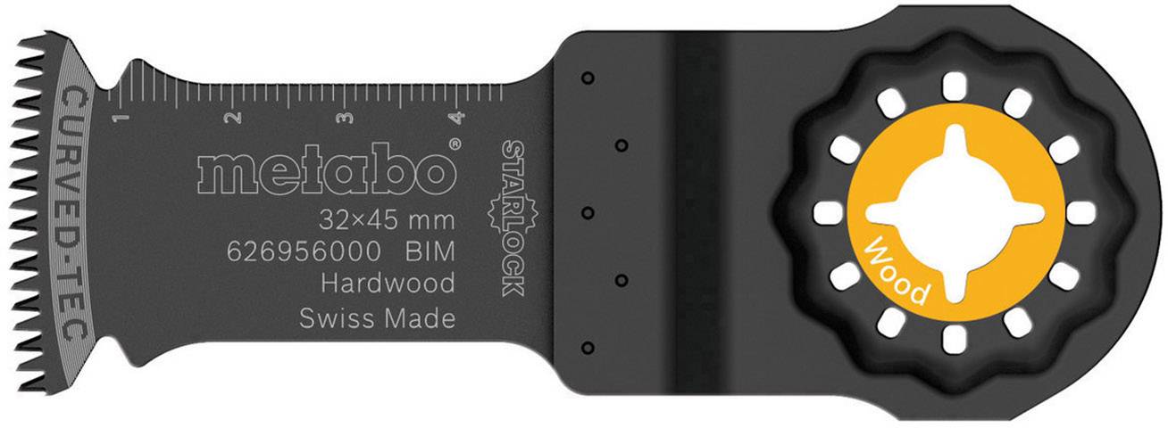 Oscillierendes Sägeblatt von Metabo, 32x45 mm, BIM, für Hartholz. Schwarzes Blatt mit Maßstab, snaplock-Aufnahme bezeichnet mit 'wood'. Swiss Made.