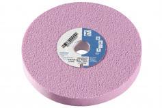 Ein rosa Schleifstein mit einem Etikett in der Mitte, das Produktinformationen enthält. Der Stein hat eine runde Form.