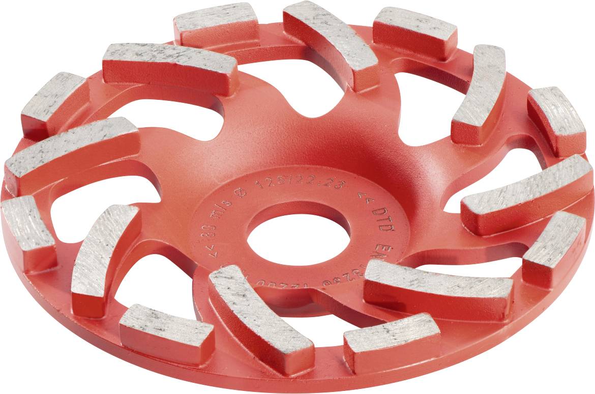 Rote Diamantschleifscheibe mit mehreren silbernen Segmenten, geeignet für das Schleifen von Betonoberflächen.