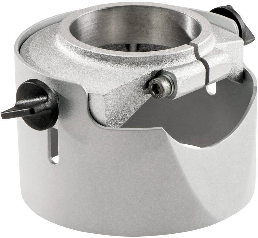 Metallische Klemme mit Schrauben und Spannhebel, verwendet zur Befestigung von zylindrischen Teilen oder Werkzeugen.