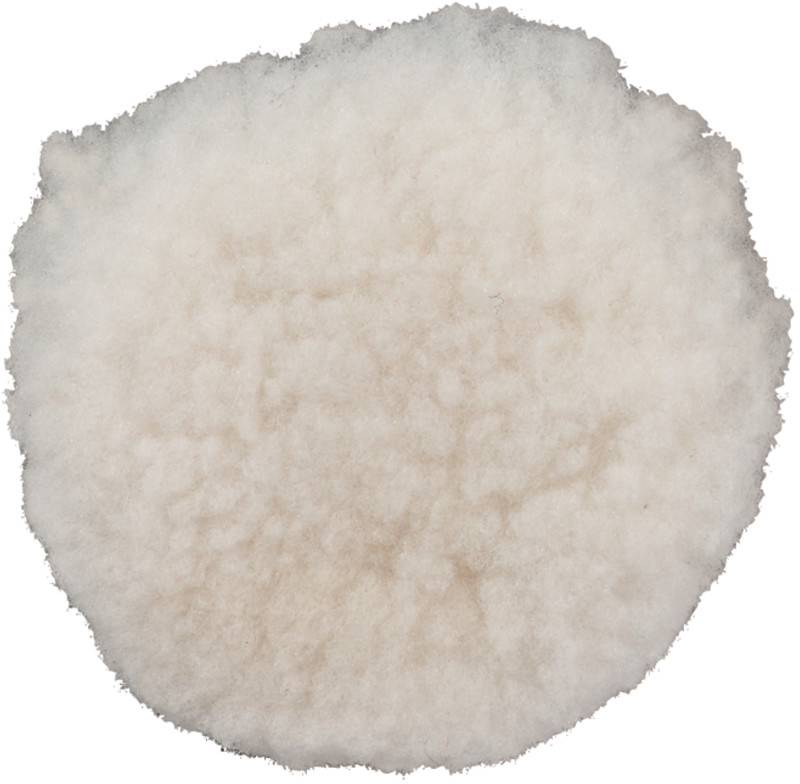 Ein rundes, flauschiges Fellpad, vermutlich aus Schafwolle, für die Reinigung oder Politur verwendet. Hintergrund ist weiß.