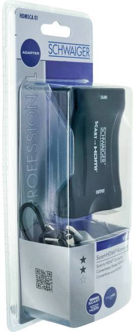 'Schwaiger Scart-HDMI-Konverter' in Verpackung. Adapter konvertiert Scart-Signal zu HDMI. Enthält Konverter und Kabel, geeignet für ältere Geräte.