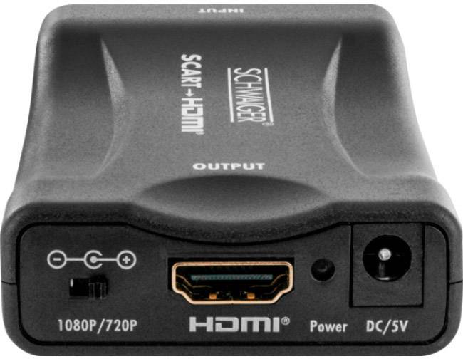 Ein schwarzer SCART-zu-HDMI-Konverter mit HDMI-Anschluss, Power-Anschluss und Schalter für 1080p/720p-Ausgabe.
