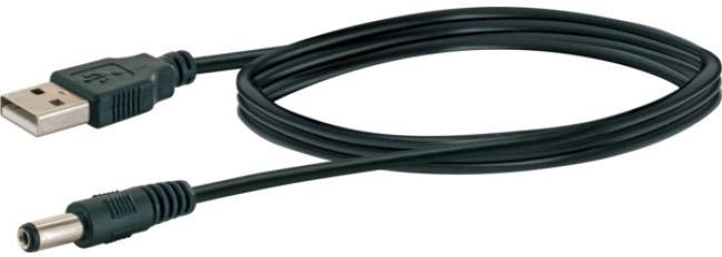 Ein schwarzes USB-Kabel mit einem USB-Stecker an einem Ende und einem runden DC-Stecker am anderen. Geeignet für Stromversorgung.