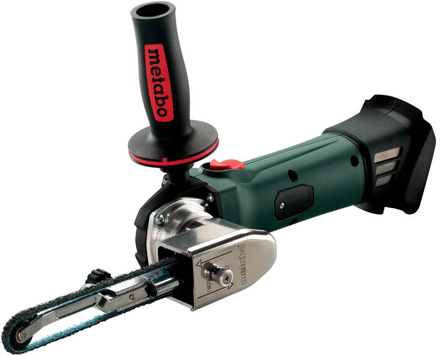 Schnurloses Metabo Mini-Kettensägen-Modell mit Vordergriff und Batteriehandgriff, dargestellt auf weißem Hintergrund.