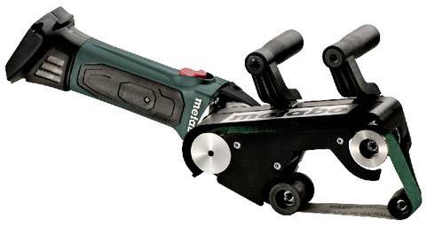 Ein elektrischer Bandschleifer von Metabo mit ergonomischem Griff und grün-schwarzem Design, geeignet für Schleifarbeiten.