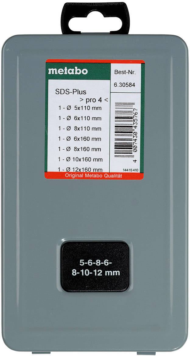 Metabo Bohrer-Set Verpackung, SDS-Plus Pro 4, Größen: 5/6/8/10/12 mm, gezeigte Größen: 5-6-8-6, 8-10-12 mm.