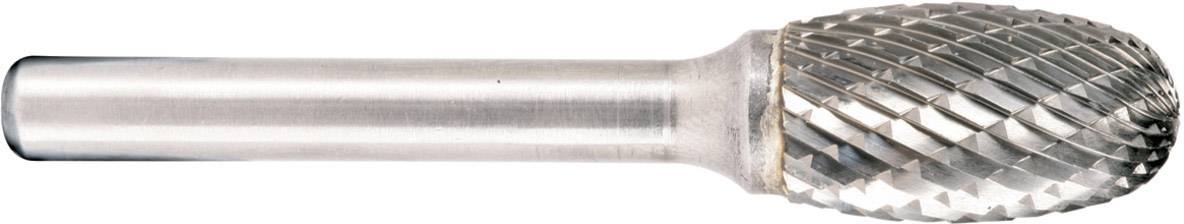 Ein Frässtift mit ovalem, gerilltem Kopf und metallischem Schaft. Er wird zum Schleifen oder Fräsen von Materialien verwendet.