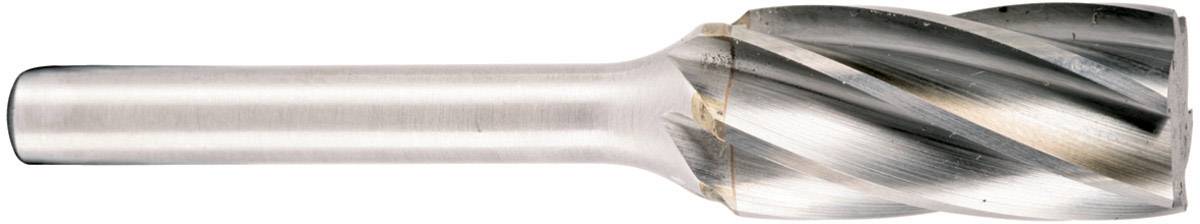 Ein silberner Bohrer mit scharfen Spiralschneiden, geeignet für Metallbearbeitung, liegt horizontal auf weißem Hintergrund.
