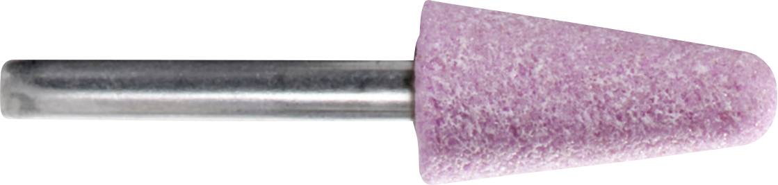 Rosa Schleifkopf mit konischer Form und Metallstift zur Befestigung in einem Bohrwerkzeug, verwendet zum Schleifen oder Polieren.