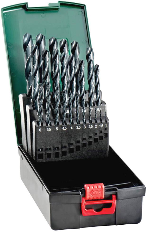 Ein Bohrer-Set in einer offenen Box, bestehend aus mehreren Metallbohrern verschiedener Größen, geordnet und beschriftet von 1,5 bis 10.