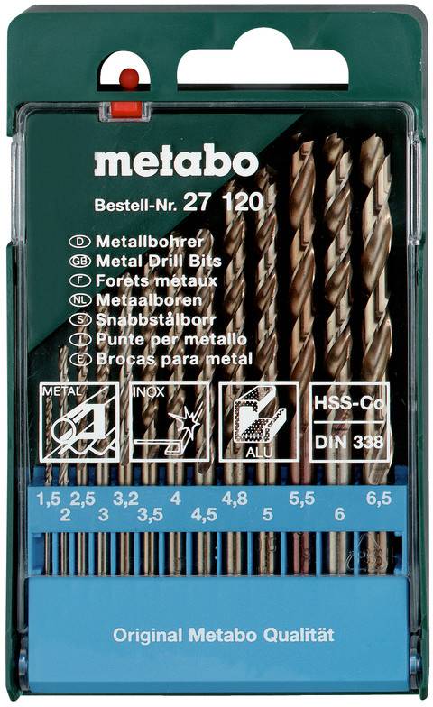 Metabo Metallbohrersatz in einem grünen Kunststoffkasten, beschriftet mit „Bestell-Nr. 27 120