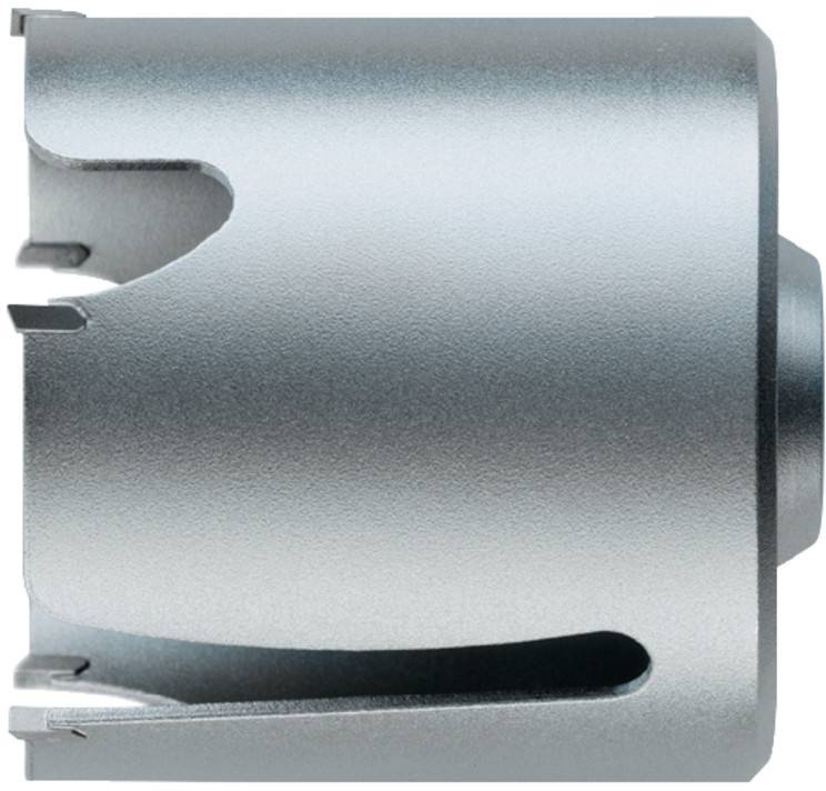 Metallisches Lochsäge-Bohrbit mit Seitenschlitzen und einer zylindrischen Schneidkante, dargestellt auf weißem Hintergrund.