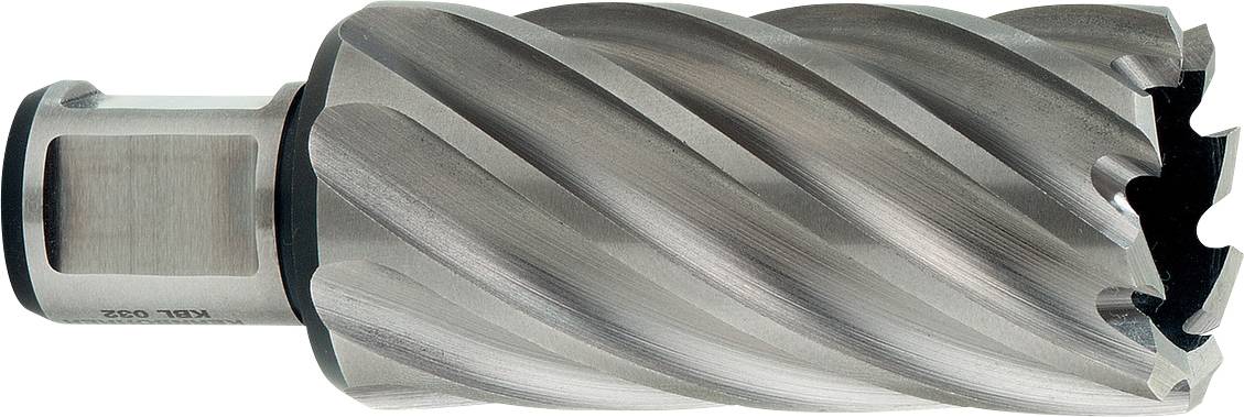 Metall-Bohrkopf mit spiralförmigen Klingen, geeignet zum Bohren großer Löcher in Metall.