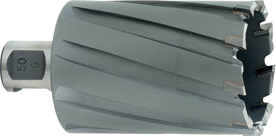 Eine graue Lochsäge mit gezahnten Rändern und sechseckiger Halterung, geeignet für Metallbearbeitung.