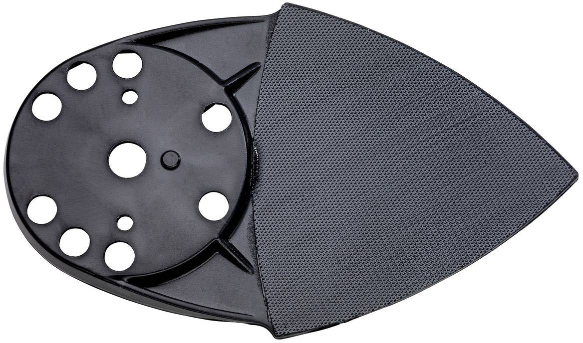 Schwarzer Schleifteller mit dreieckiger Form und Löchern, geeignet für Dreiecksschleifer. Verwendet für präzise Schleifarbeiten.