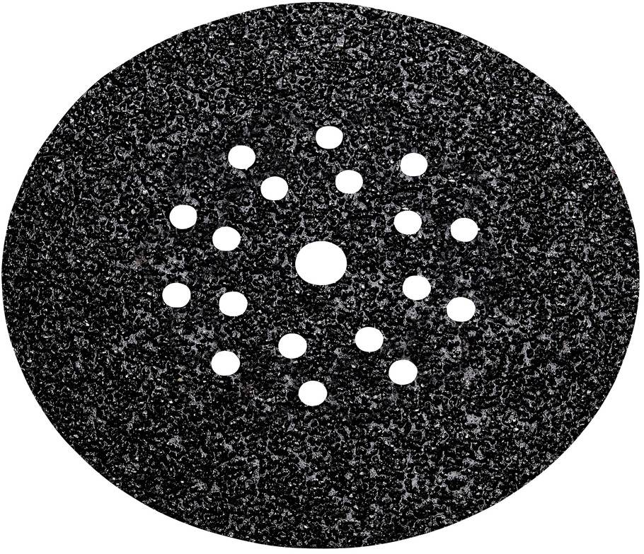 Eine schwarze runde Schleifscheibe mit mehreren kleinen Löchern in der Mitte, gleichmäßig verteilt.